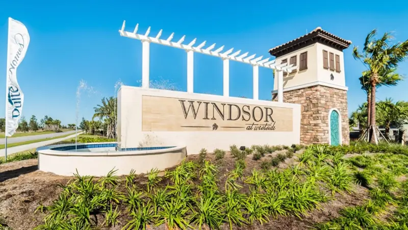 Point of interest – A sign for 'Windsor at Westside' with a pergola structure, a pool, and a stone building.